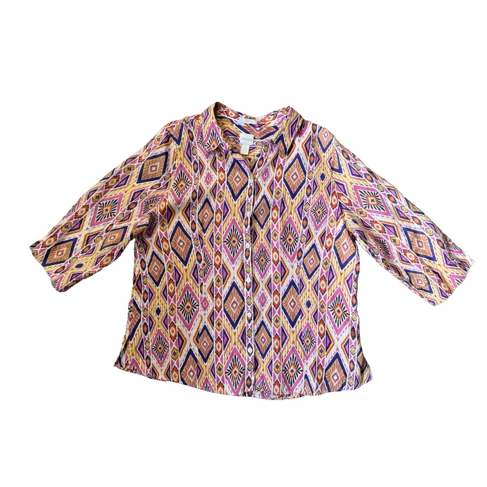 Chico's Button Down Shirt Women 2 L Multicolor Linen Geometric Ikat No-Iron Top